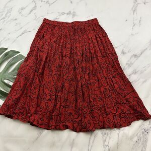 Womens Vintage 90s Crinkle Midi Skirt Size L Red Black Floral A-Line Pull On